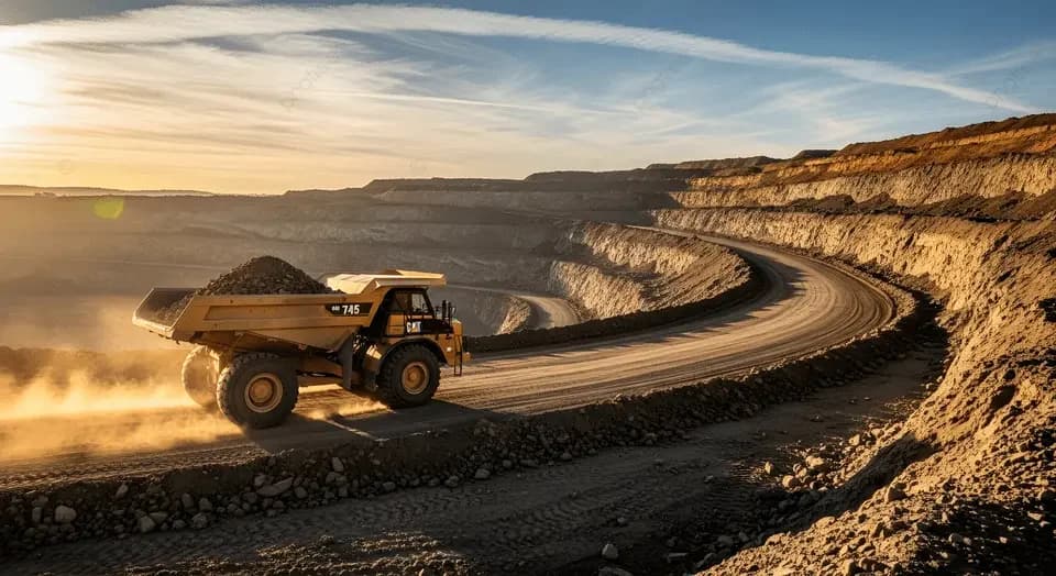 Camión minero CAT 745 en camino de rajo abierto al atardecer