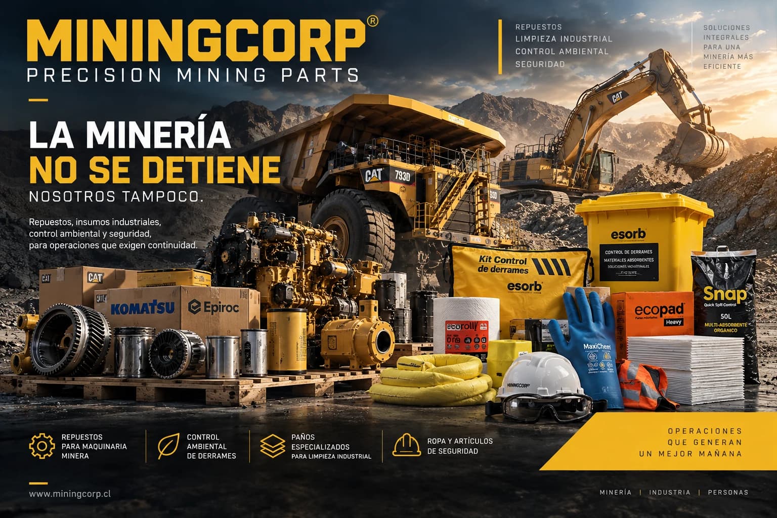 MiningCorp: repuestos para maquinaria minera, control ambiental de derrames, paños especializados y artículos de seguridad