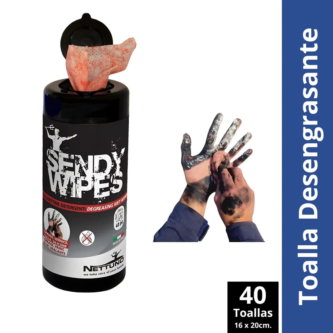 Toalla Desengrasante Para Manos Sendy Wipe — presentación y cantidades