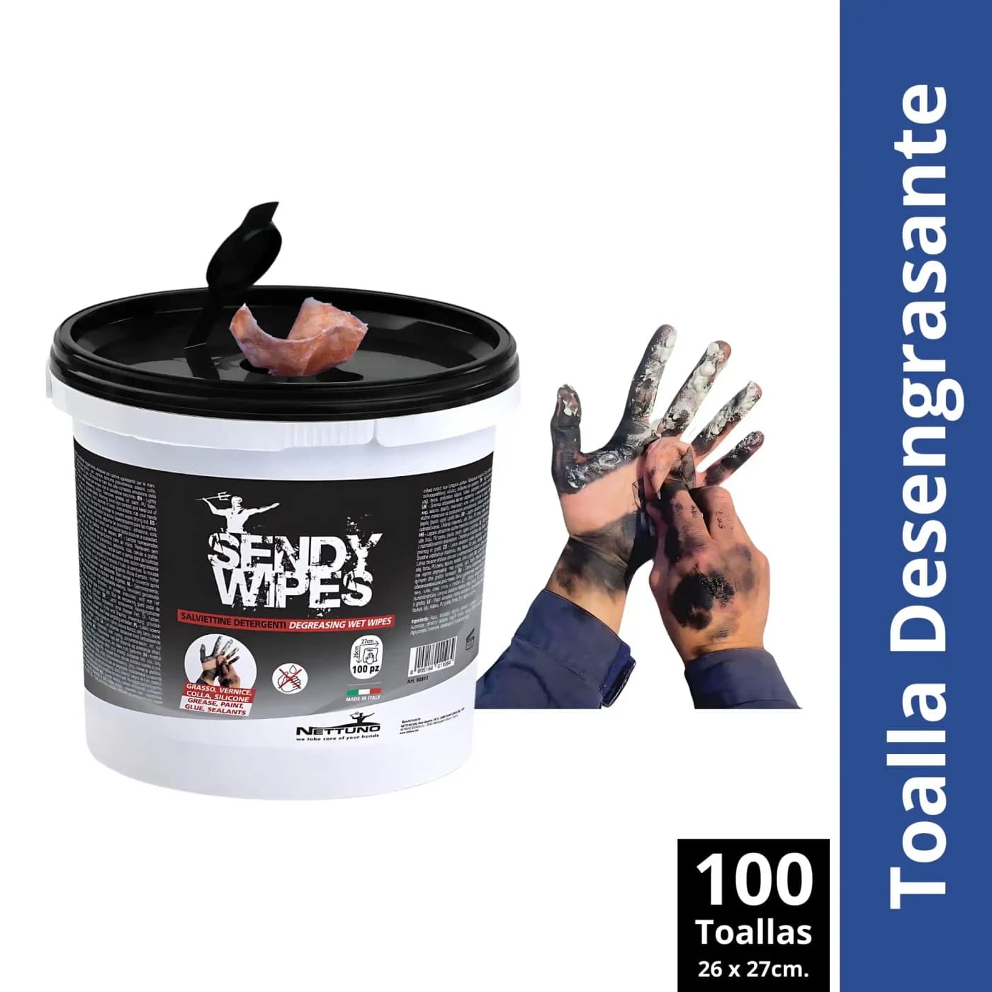 Toalla Desengrasante Para Manos Sendy Wipe Balde — presentación y cantidades